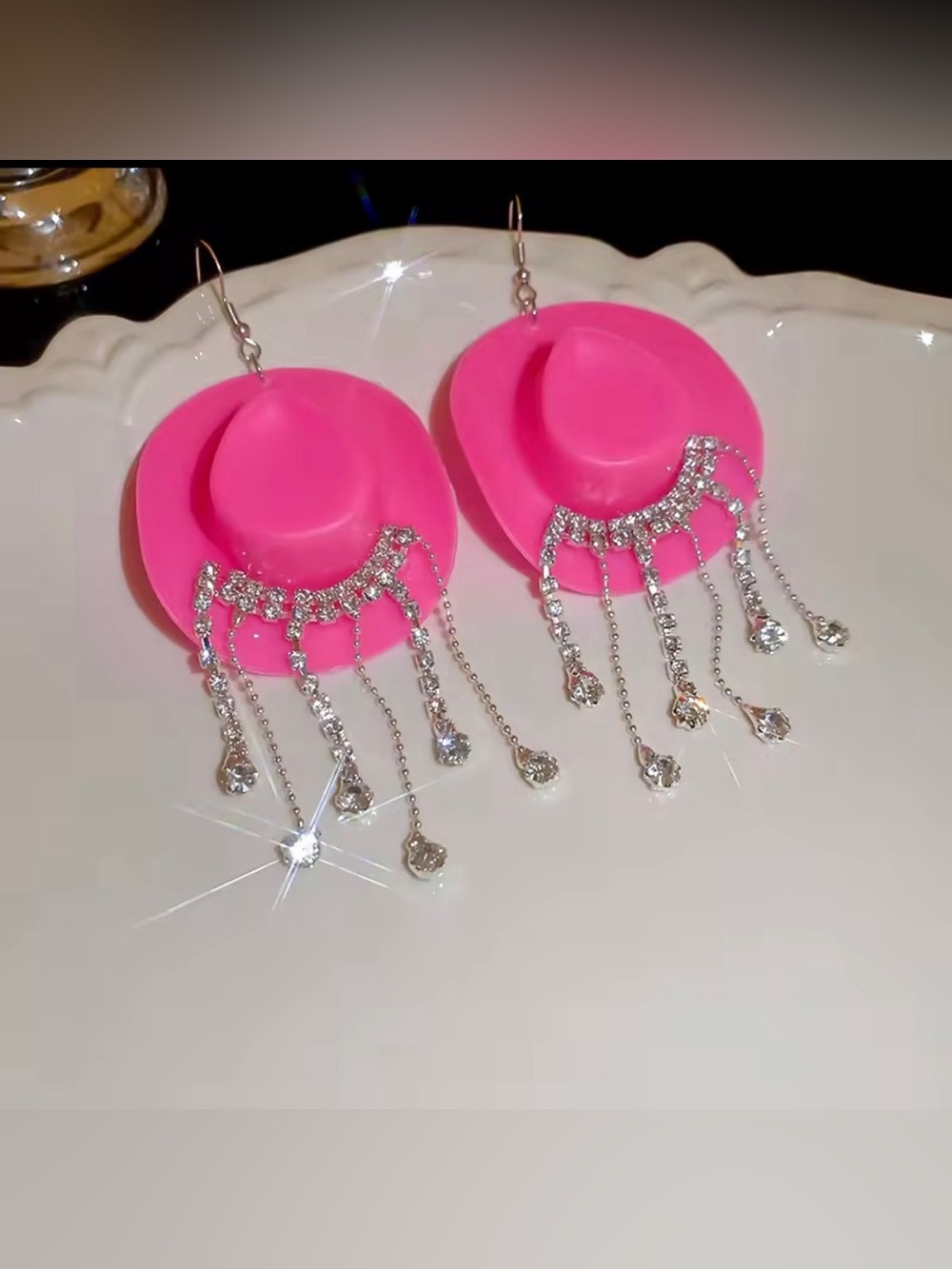 Anthropologie Hot Pink Rhinestone Fringe Drop Earrings Statement Dangle  NWOT